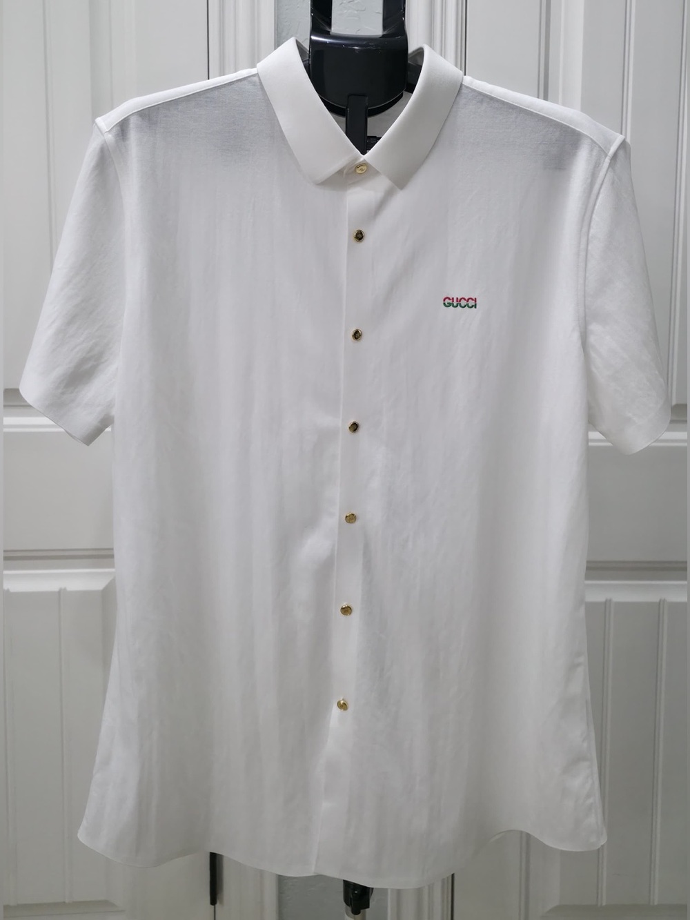 Gucci White Short Sleeve Button-Down Shirt with Gold Buttons and Logo